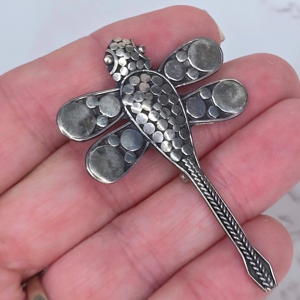 Vintage 925 Sterling Silver Dragonfly Brooch Pin Applied Dot Artisan Insect 7.1g